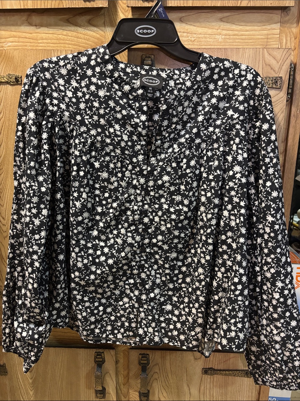 Womens black with white flowers blouse size XS